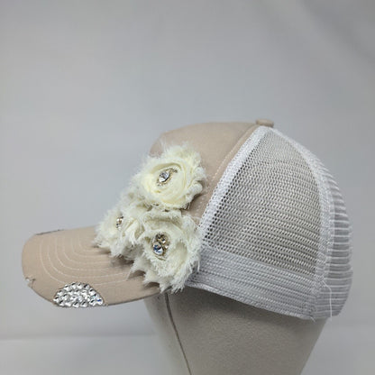 Time Two Change Snapback Trucker Hat Tan OSFA Mesh Back Flower Rhinestone