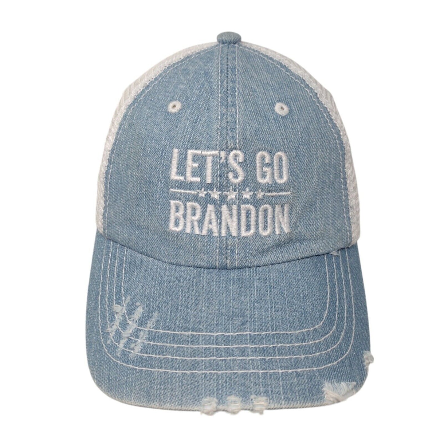 Let's Go Brandon Strapback Trucker Hat Blue OSFA Adjustable Distressed Mesh Back