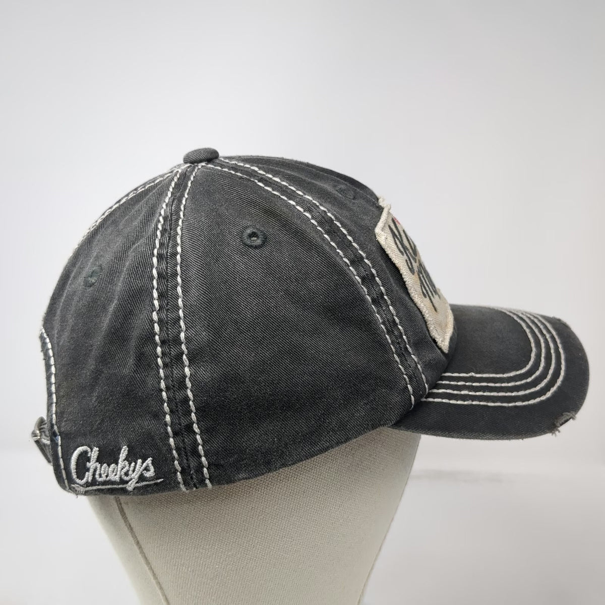 Cheeky's Kiss My Bass Baseball Cap Gray One Size Fish Hook Frayed Patch Hat