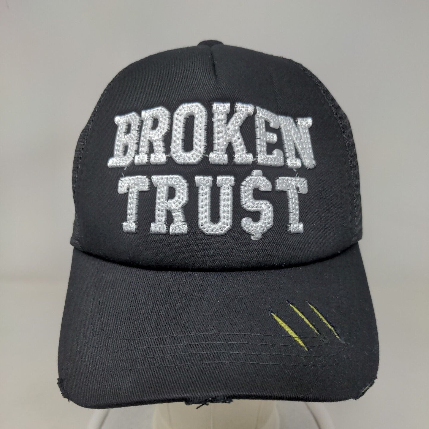 Broken Trust Snapback Trucker Hat Black OS Embroidered Distressed Mesh Back