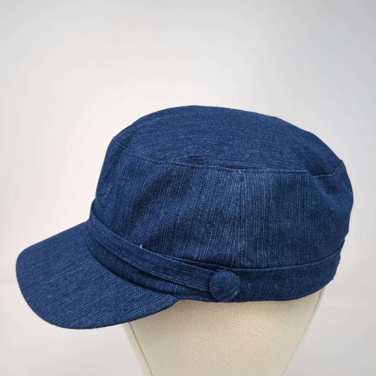 Arianna Army Cap Blue One Size Denim Elastic Back Cadet Side Button Hat