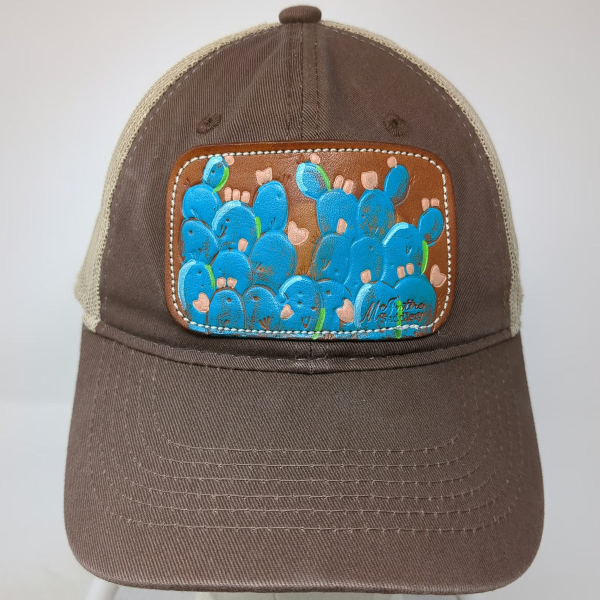 Outdoor Cap Baseball Cap Brown Beige One Size Leather Cactus Patch Mesh Back hat