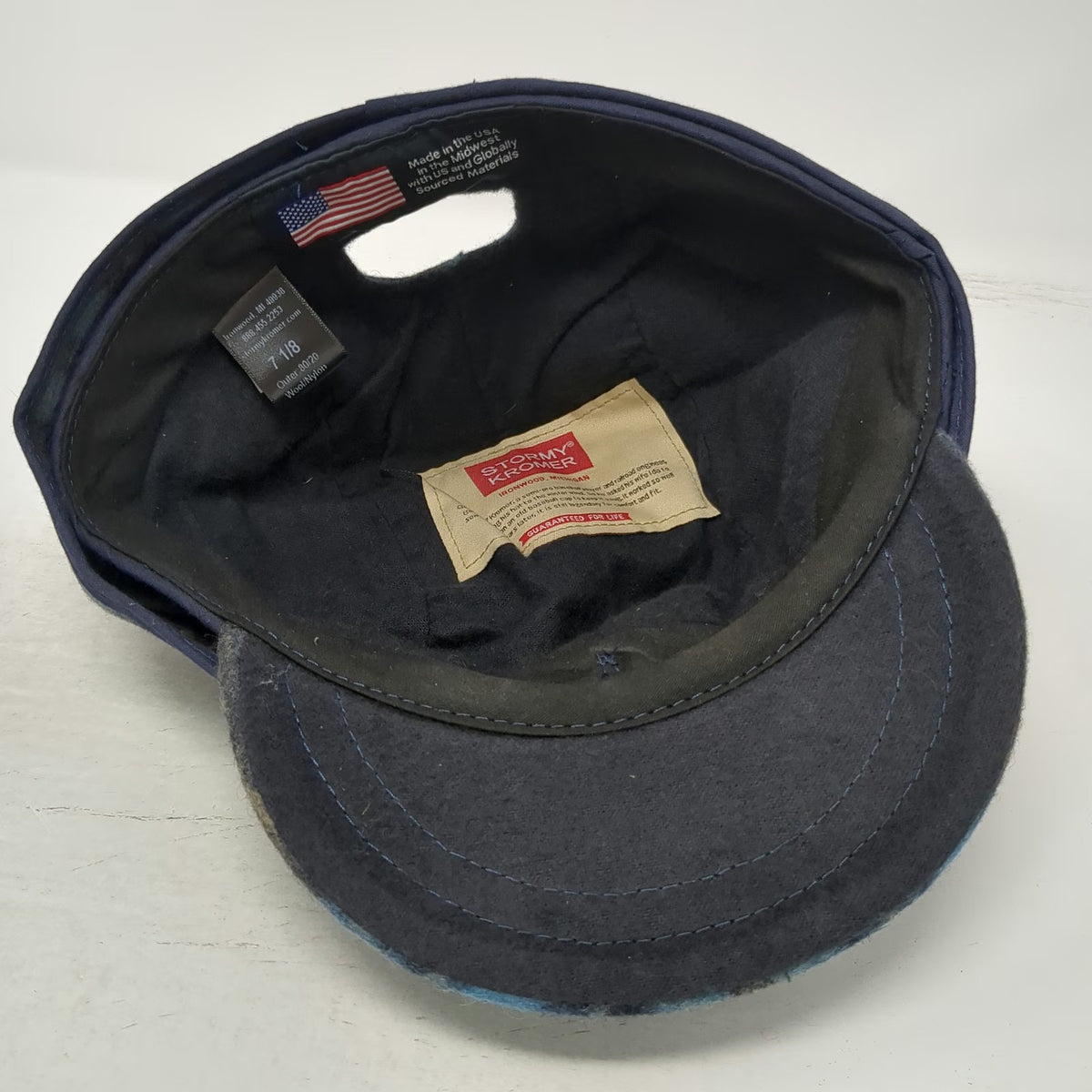 Stormy Kromer Baseball Cap Blue Plaid 7 1/8 Wool Ear Flaps USA Fitted Nylon Hat