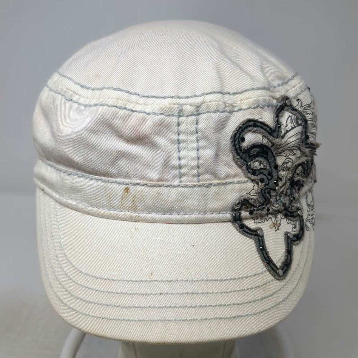 BKE Army Cap White One Size Ornate Graphic Rhinestones Pink Lining Strapback Hat