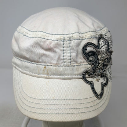 BKE Army Cap White One Size Ornate Graphic Rhinestones Pink Lining Strapback Hat
