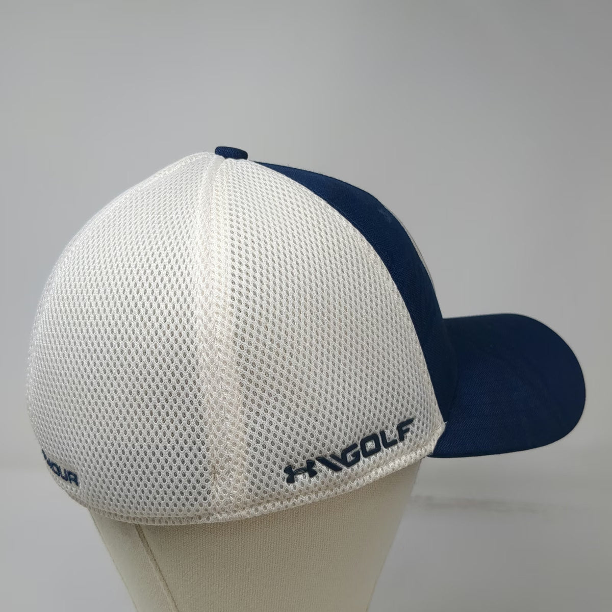 Under Armour Baseball Cap Blue White XL Fitted Mesh Back UA Golf Patch Hat