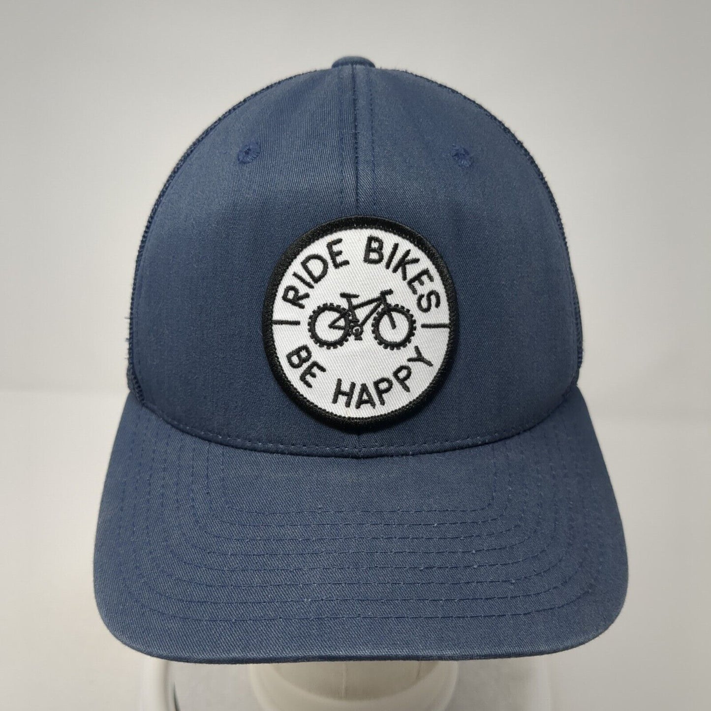 Ride Bikes Be Happy Snapback Trucker Hat Blue OS Adjustable Mesh Back Yupoong