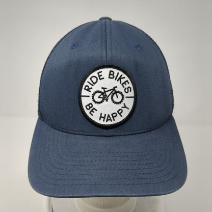 Ride Bikes Be Happy Snapback Trucker Hat Blue OS Adjustable Mesh Back Yupoong