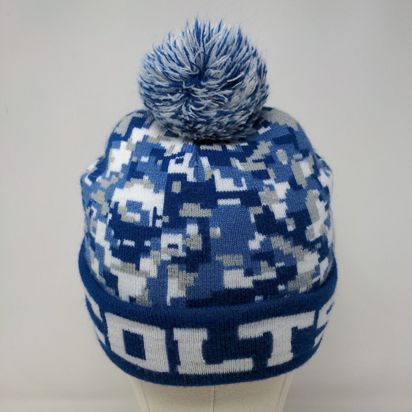 Lucas Oil Men's Knit Beanie Hat Cap Blue Camouflage Acrylic Blend Pom Pom