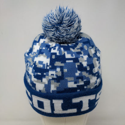 Lucas Oil Men's Knit Beanie Hat Cap Blue Camouflage Acrylic Blend Pom Pom