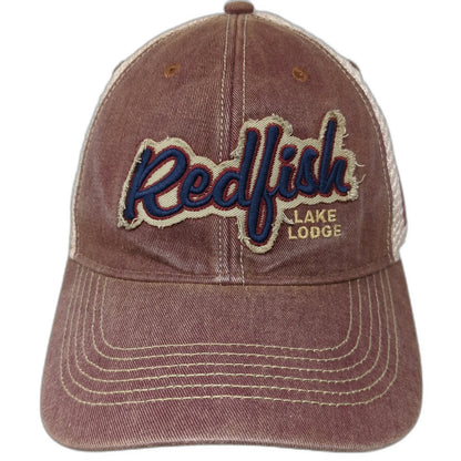 Legacy Trucker Hat Red Beige Blue One Size Idaho State Redfish Lake Lodge Mesh