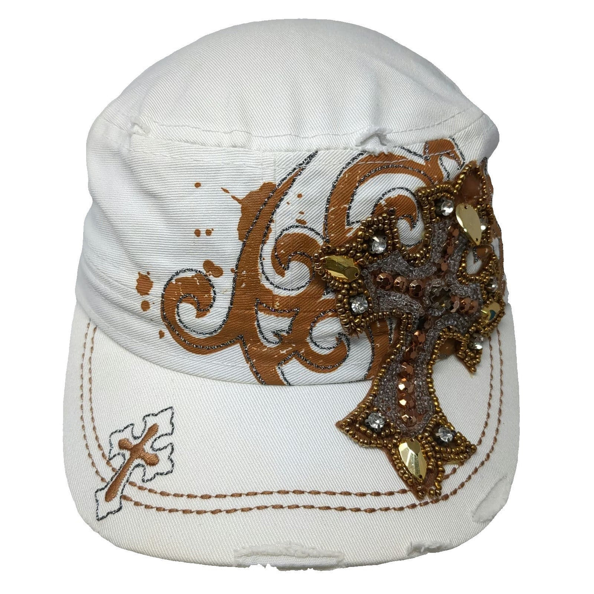 KBETHOS Army Cap White OSFM Beaded Cross Rhinestone Distressed Brown Gold Hat