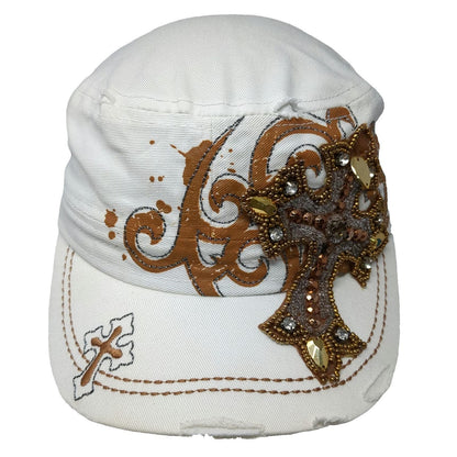 KBETHOS Army Cap White OSFM Beaded Cross Rhinestone Distressed Brown Gold Hat