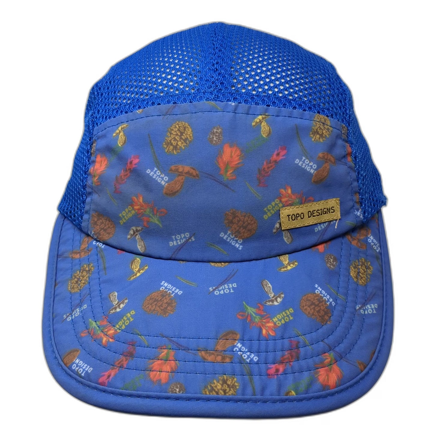 Topo Designs 5 Panel Hat Blue One Size Mushroom Pattern Mesh Strapback Pinecone