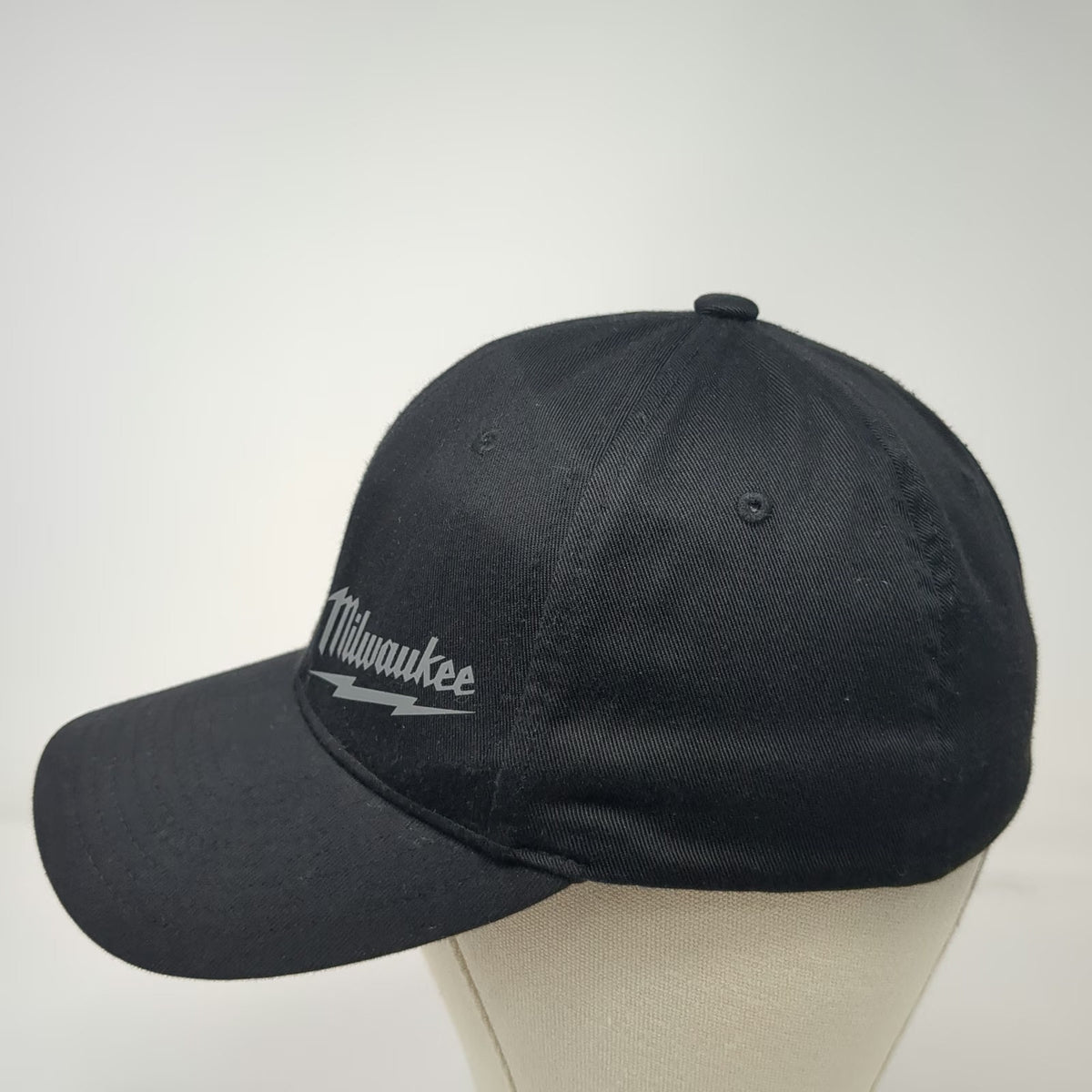 Milwaukee Tool Logo Black Cap M Stretch Fit Hat Curved Brim Gray Red Tab Work