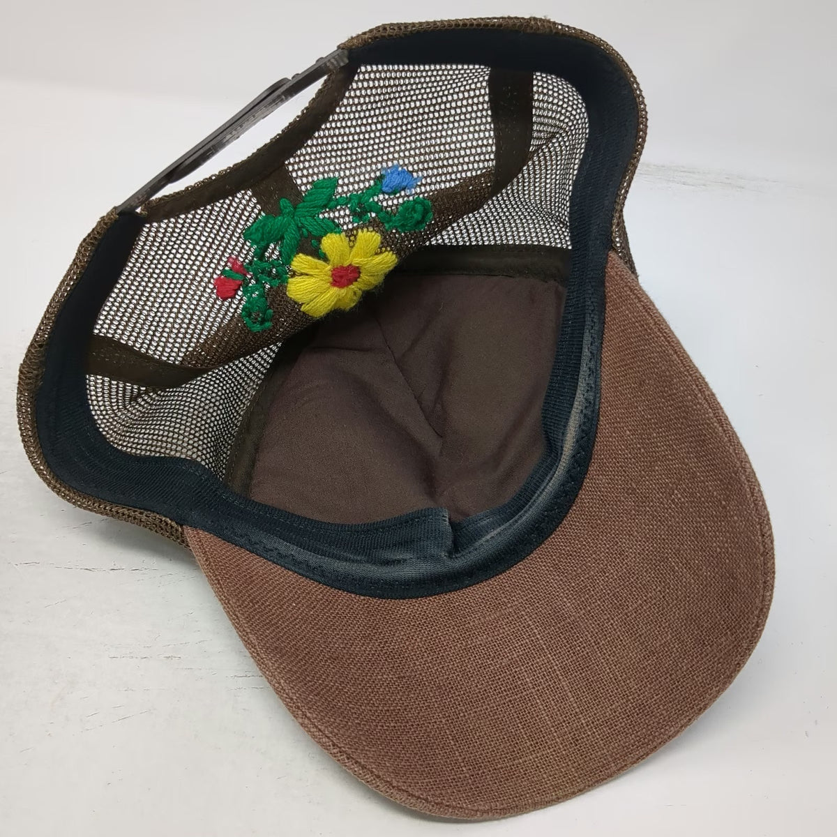Brown Trucker Hat One Size Floral Embroidery Mesh Snapback Flower Burlap Style