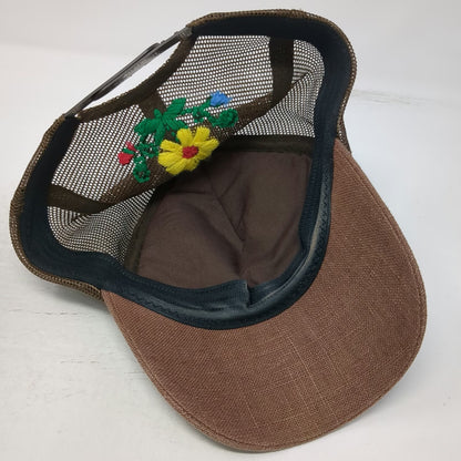 Brown Trucker Hat One Size Floral Embroidery Mesh Snapback Flower Burlap Style