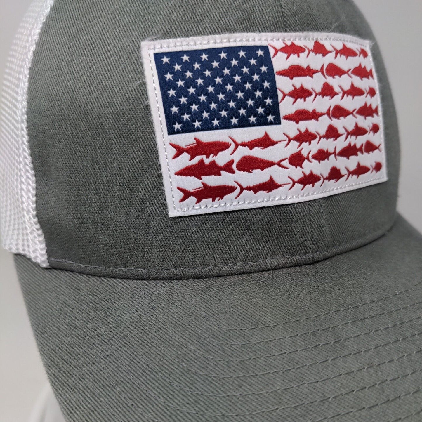 Columbia PFG Fitted Trucker Hat Gray S/M Embroidered Patriotic Mesh Back