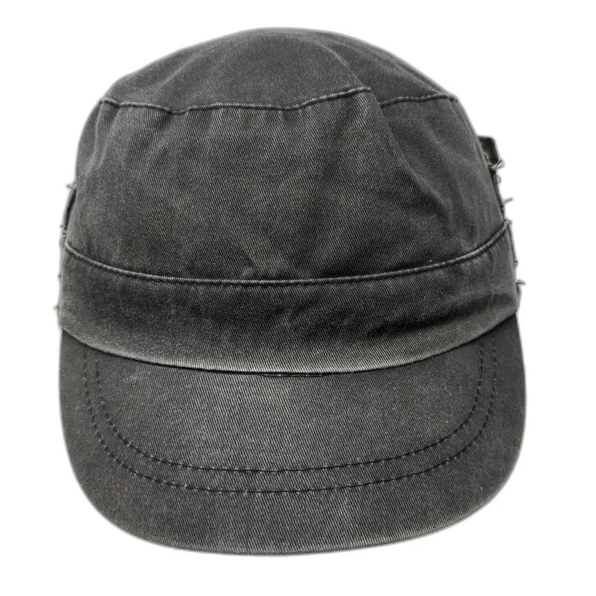Army Cap Gray One Size Side Buckles Elastic Back Faded Flat Top Cotton Hat