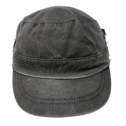 Army Cap Gray One Size Side Buckles Elastic Back Faded Flat Top Cotton Hat