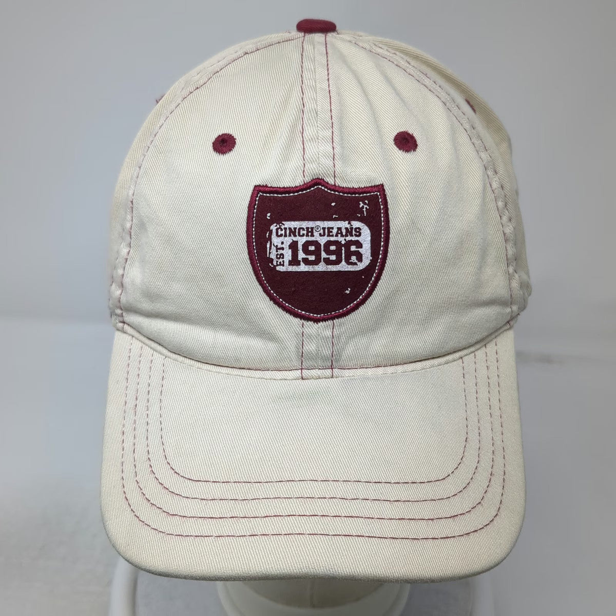 Cinch Jeans Beige Red Baseball Cap Hat M Shield Patch Fitted Contrast Stitch