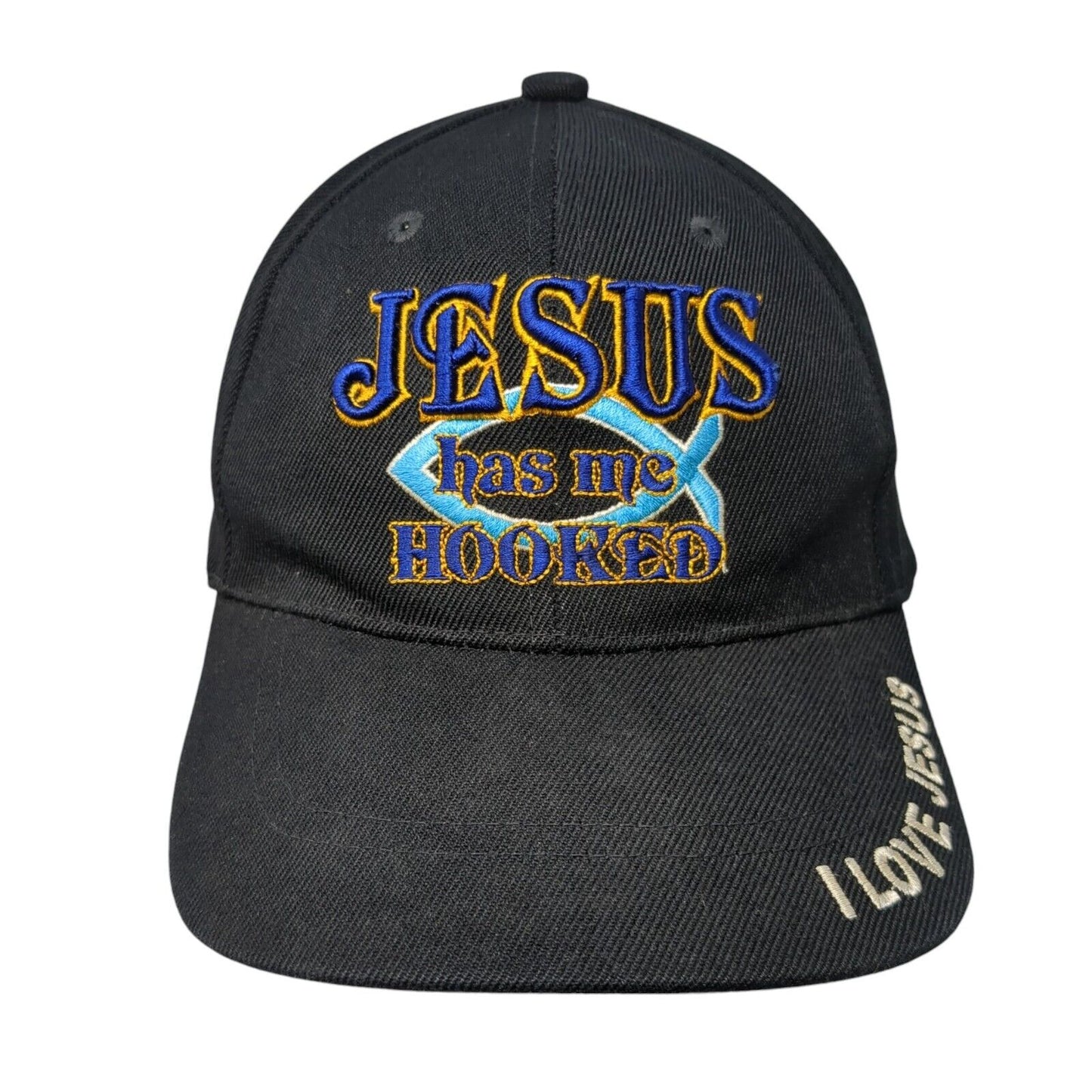 Jesus Has Me Hooked Strapback Hat Black One Size Embroidered 6 Panel