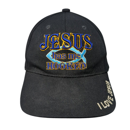 Jesus Has Me Hooked Strapback Hat Black One Size Embroidered 6 Panel