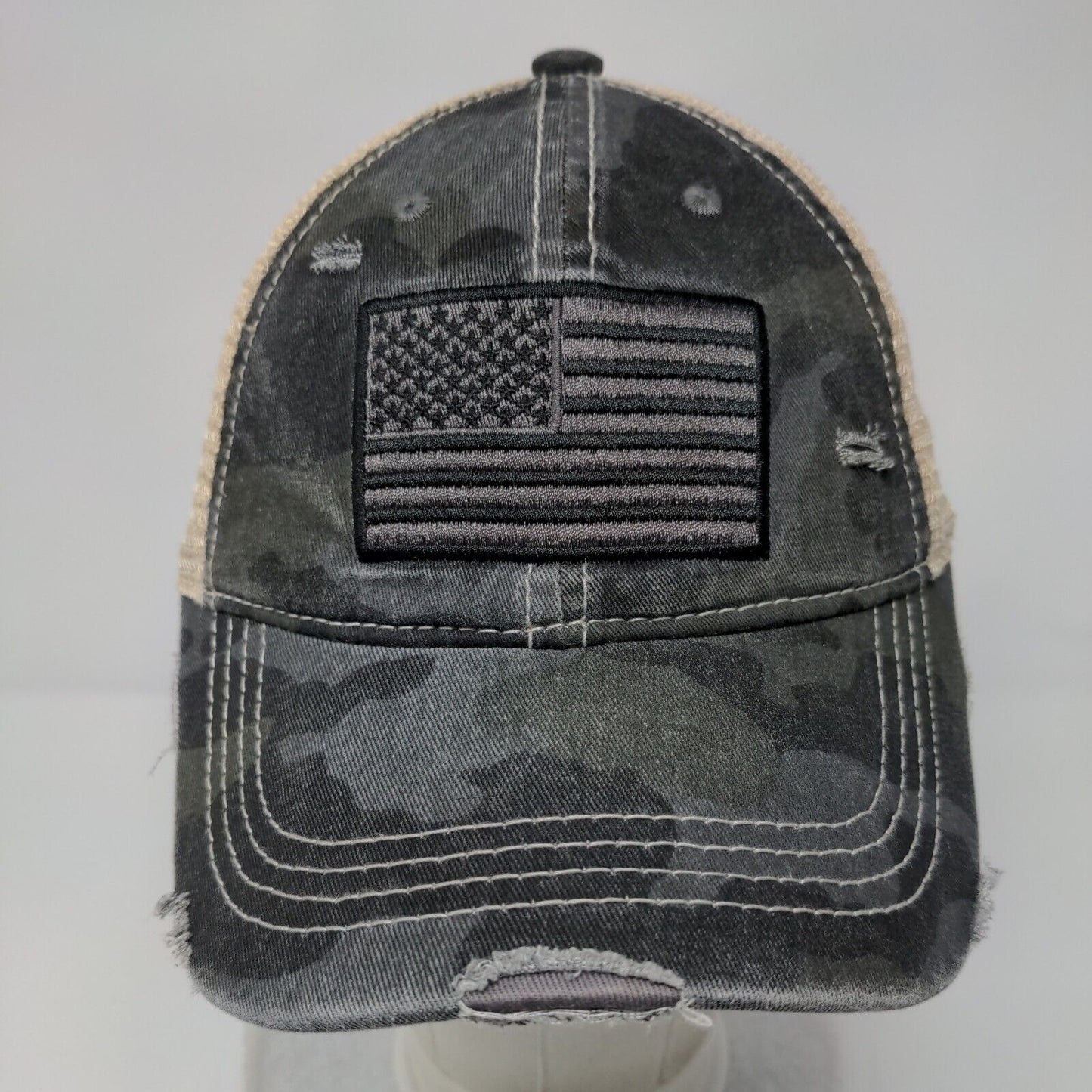 American Flag Ponyback Strapback Trucker Hat Camouflage OSFA Distressed C.C.