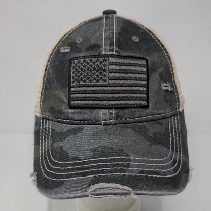 American Flag Ponyback Strapback Trucker Hat Camouflage OSFA Distressed C.C.