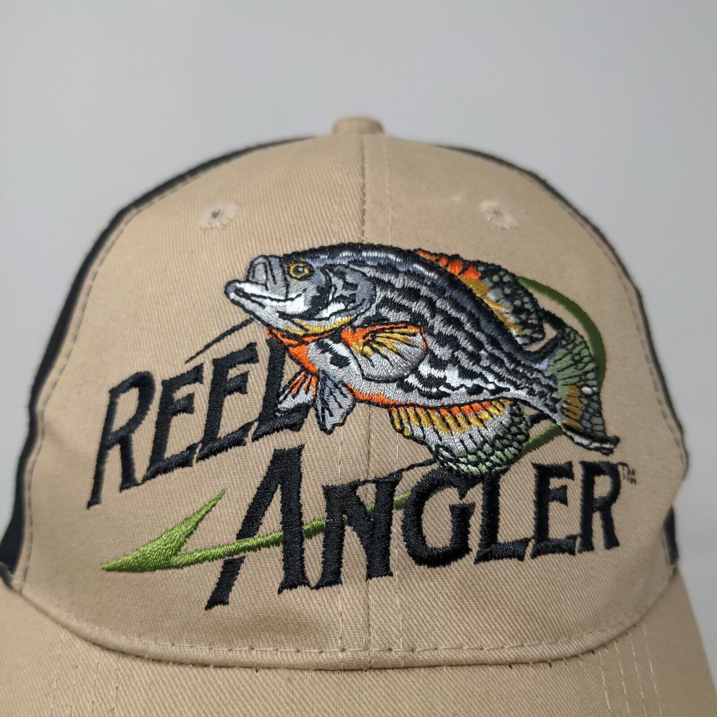 Reel Angler Men's Strapback Hat Tan Black OSFA Embroidered Big Fish Logo