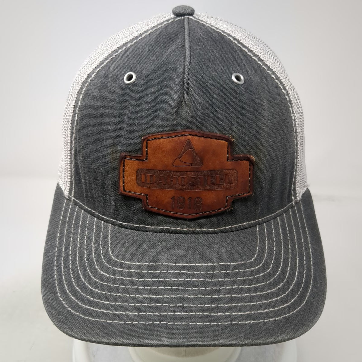 Richardson Trucker Hat Gray White One Size Idaho Steel 1918 Leather Patch Mesh