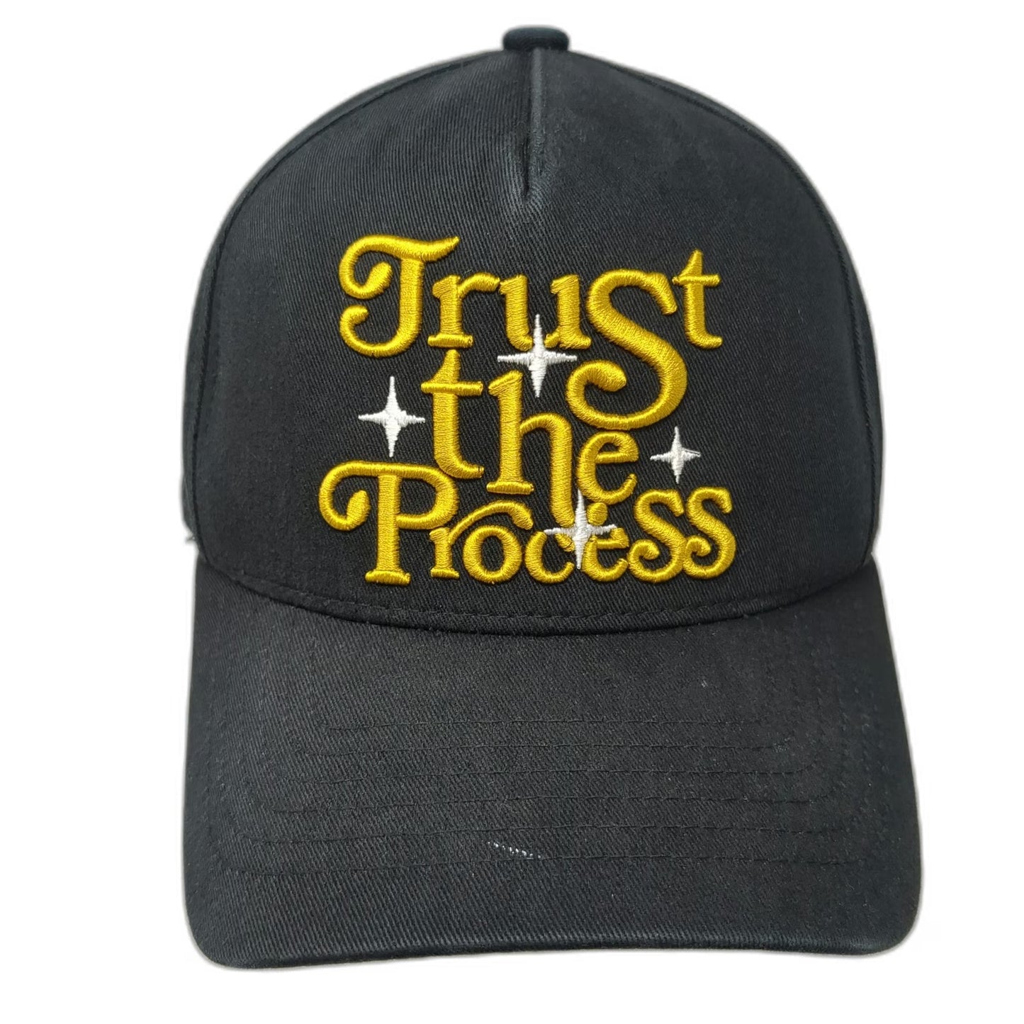 muka 5 Panel Hat Black One Size Snapback Trust the Process Gold Embroidered