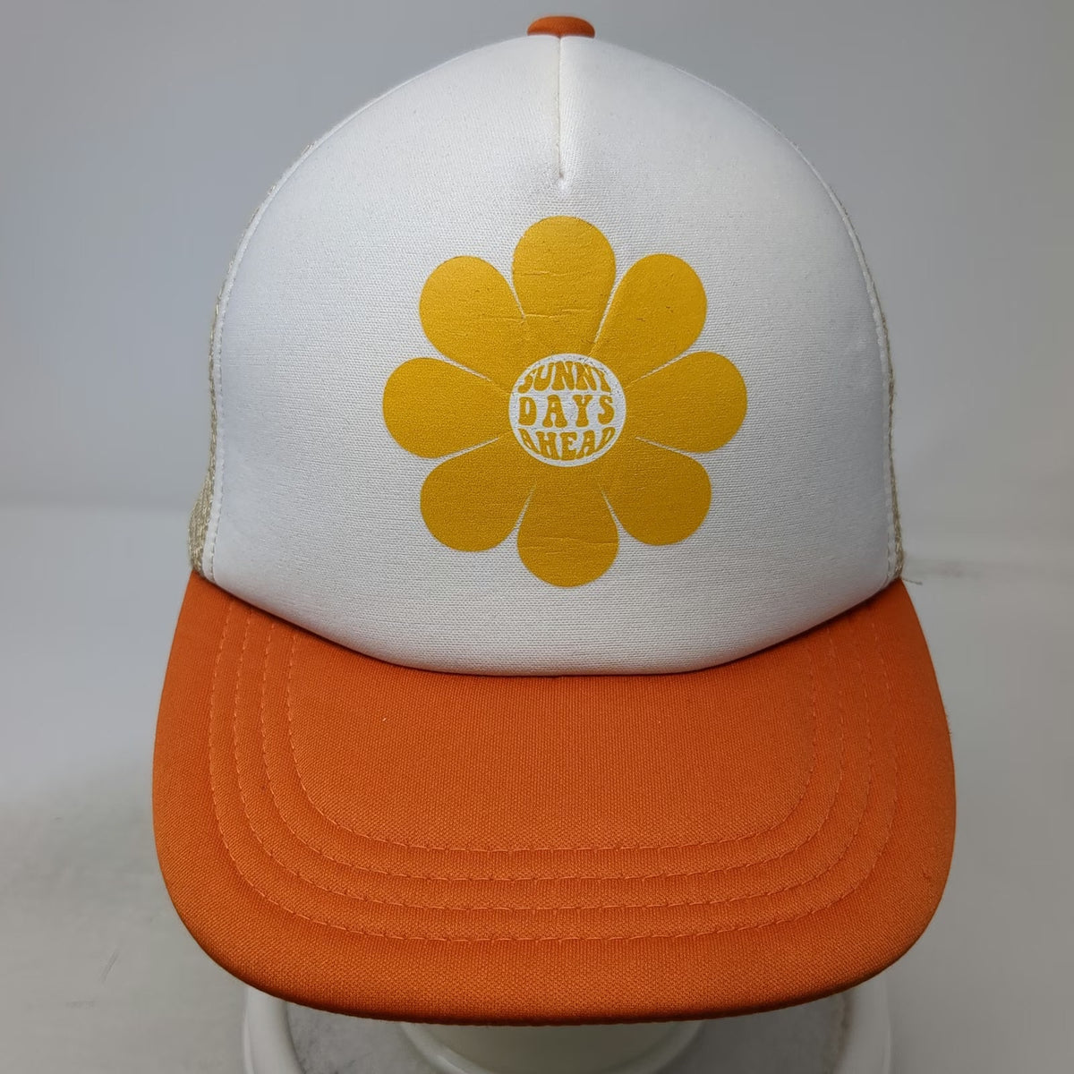 Bokeh Supply Sunny Days Ahead White Orange Trucker Hat One Size Mesh Snapback
