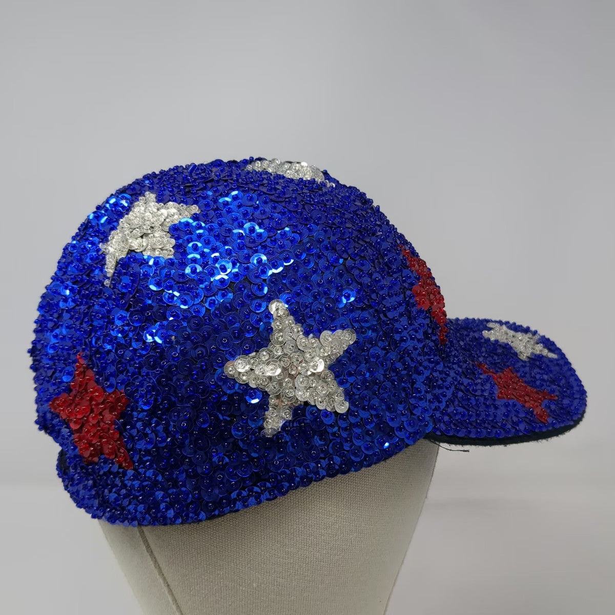 Blue Baseball Cap One Size Sequins Stars Red Silver Patriotic Sparkle Bling Hat