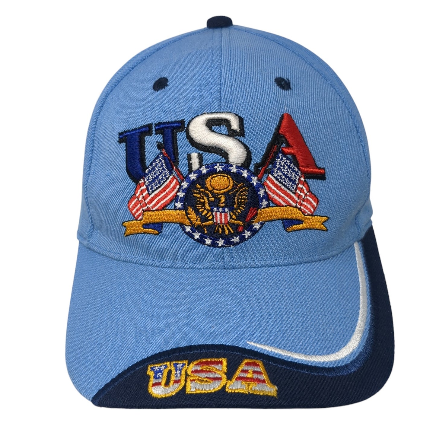 USA Strapback Hat Blue One Size Adjustable Embroidered 6 Panel Outdoor