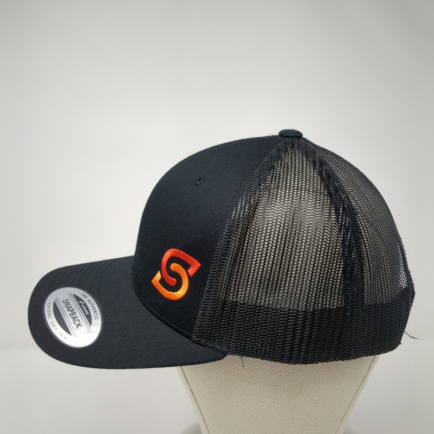 Yupoong Snapback Trucker Hat Black One Size Embroidered Logo Mesh Back