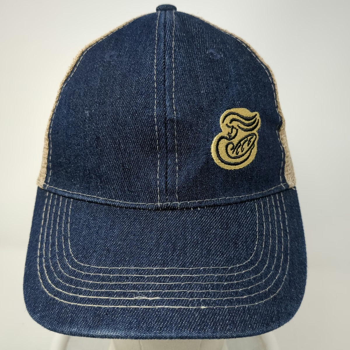 Baseball Cap Blue One Size Mesh Back Denim Embroidered Logo Strapback Hat Beige