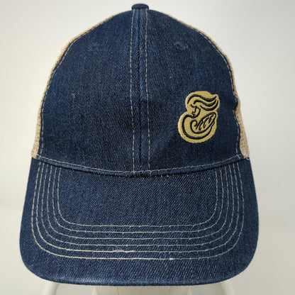 Baseball Cap Blue One Size Mesh Back Denim Embroidered Logo Strapback Hat Beige