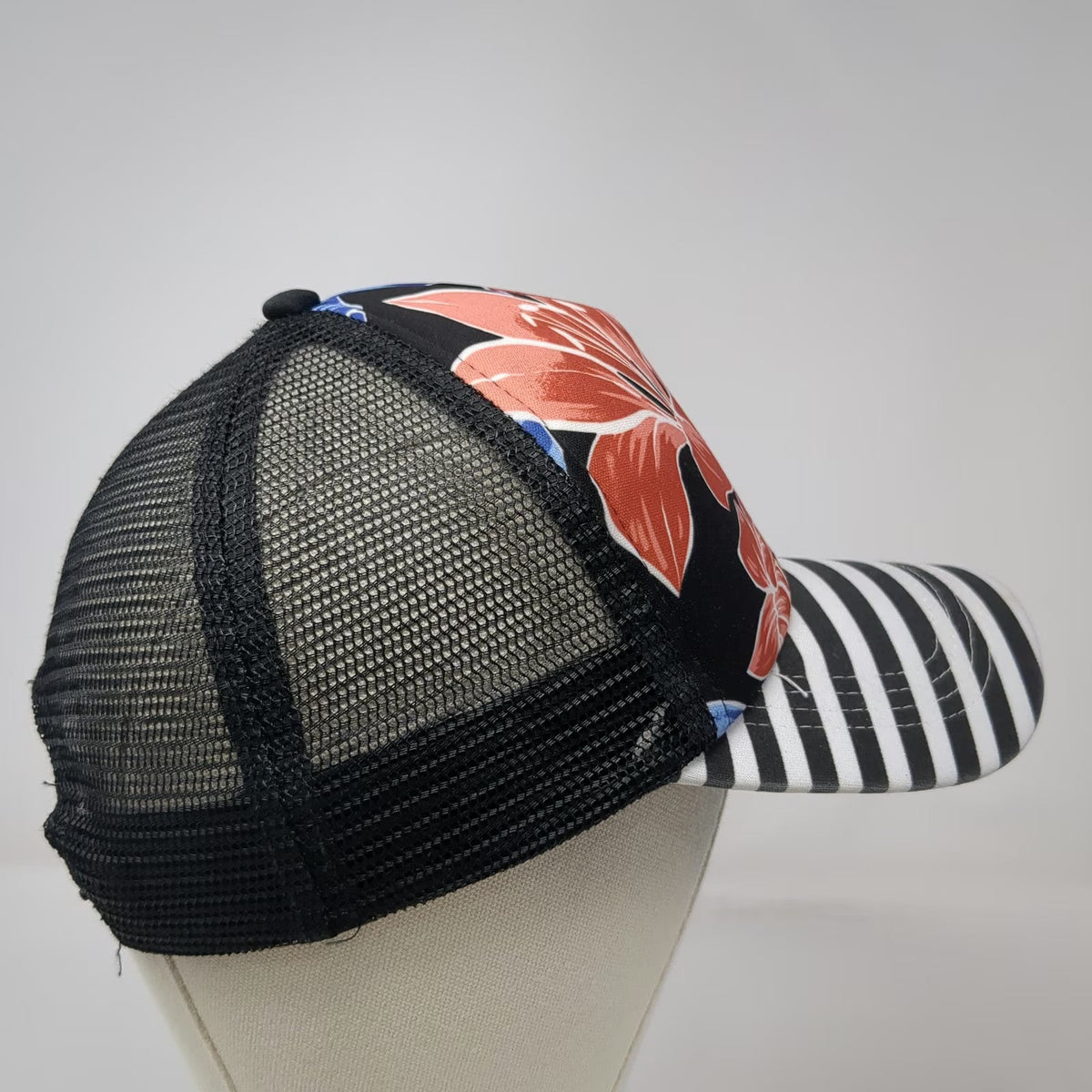 Roxy 5 Panel Black One Size Floral Striped Mesh Snapback Hat Tropical Surf Beach