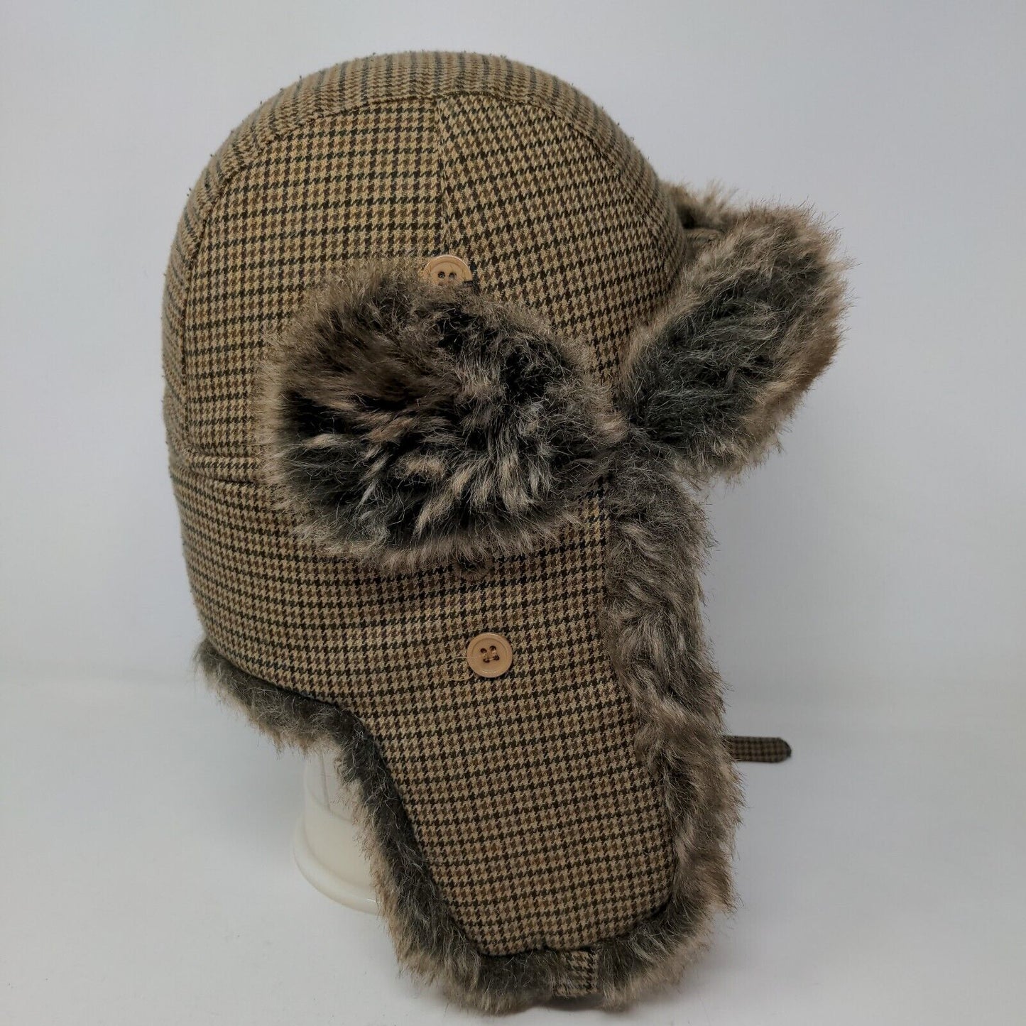 Unbranded Men's Trapper Hat Brown Check 57/M Vegan Fur Lining 100% Polyester