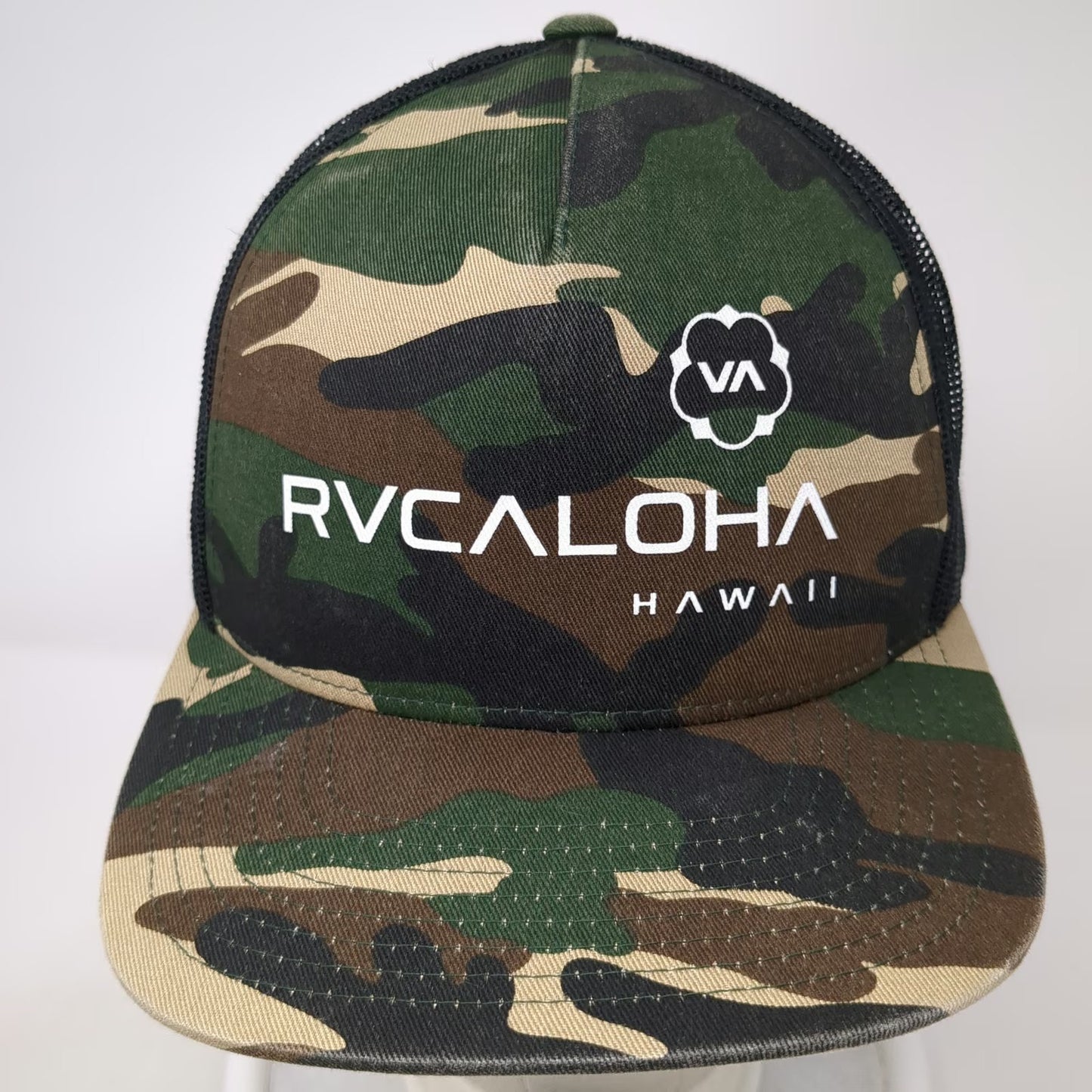 RVCA Trucker Hat Green One Size Camo Hawaii RVCALOHA Mesh Snapback Structured