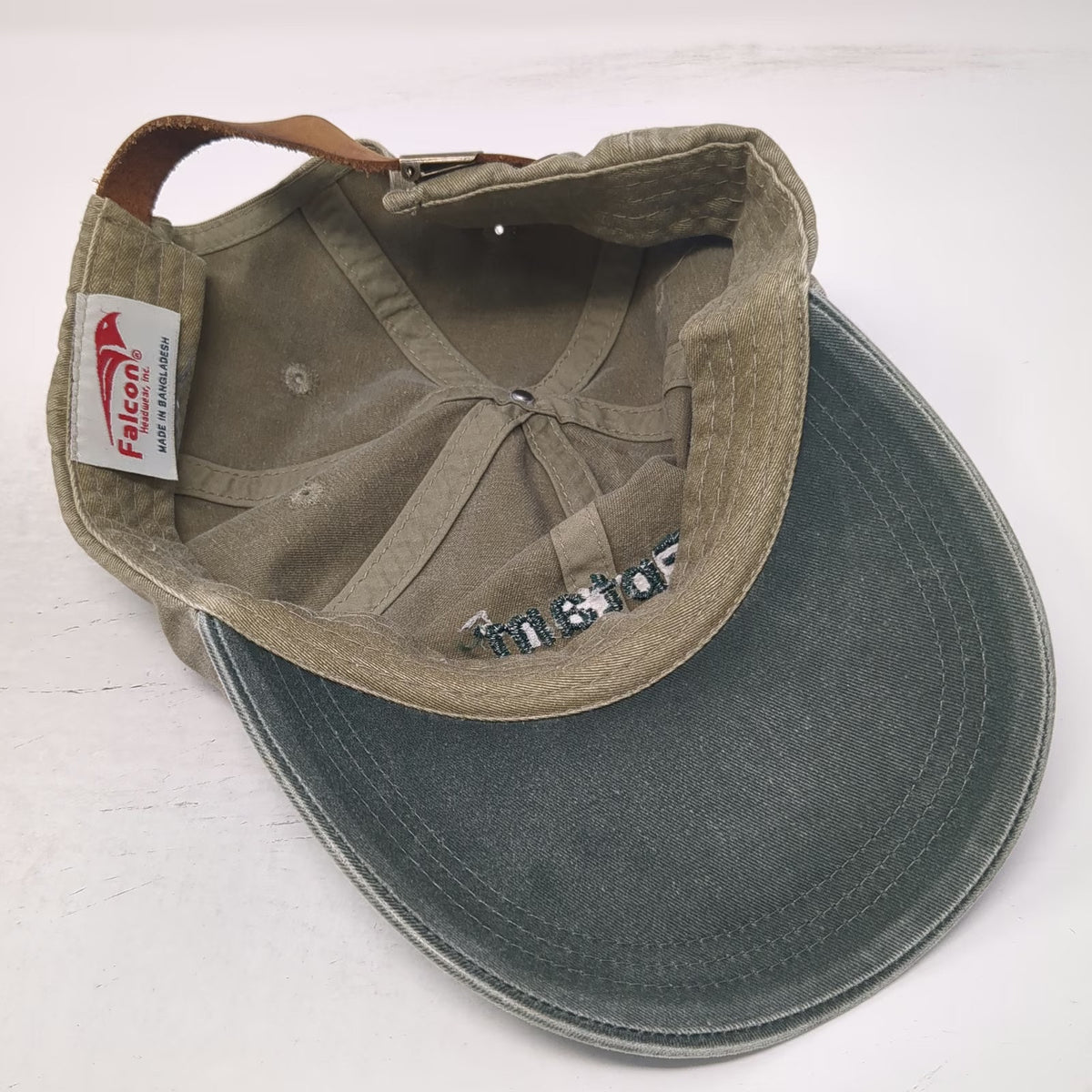 Falcon Baseball Cap Beige Green One Size Leather Strapback Eptam Logo Hat