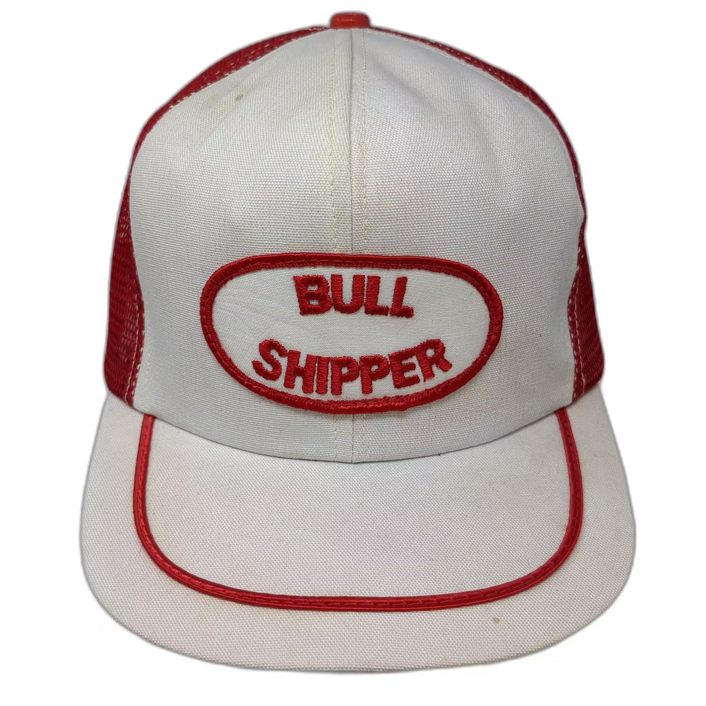 BULL SHIPPER Hat White Red Snapback 7 5/8 Trucker Mesh Back Patch Vintage USA