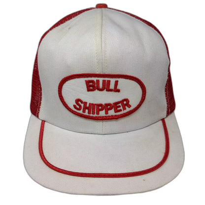 BULL SHIPPER Hat White Red Snapback 7 5/8 Trucker Mesh Back Patch Vintage USA