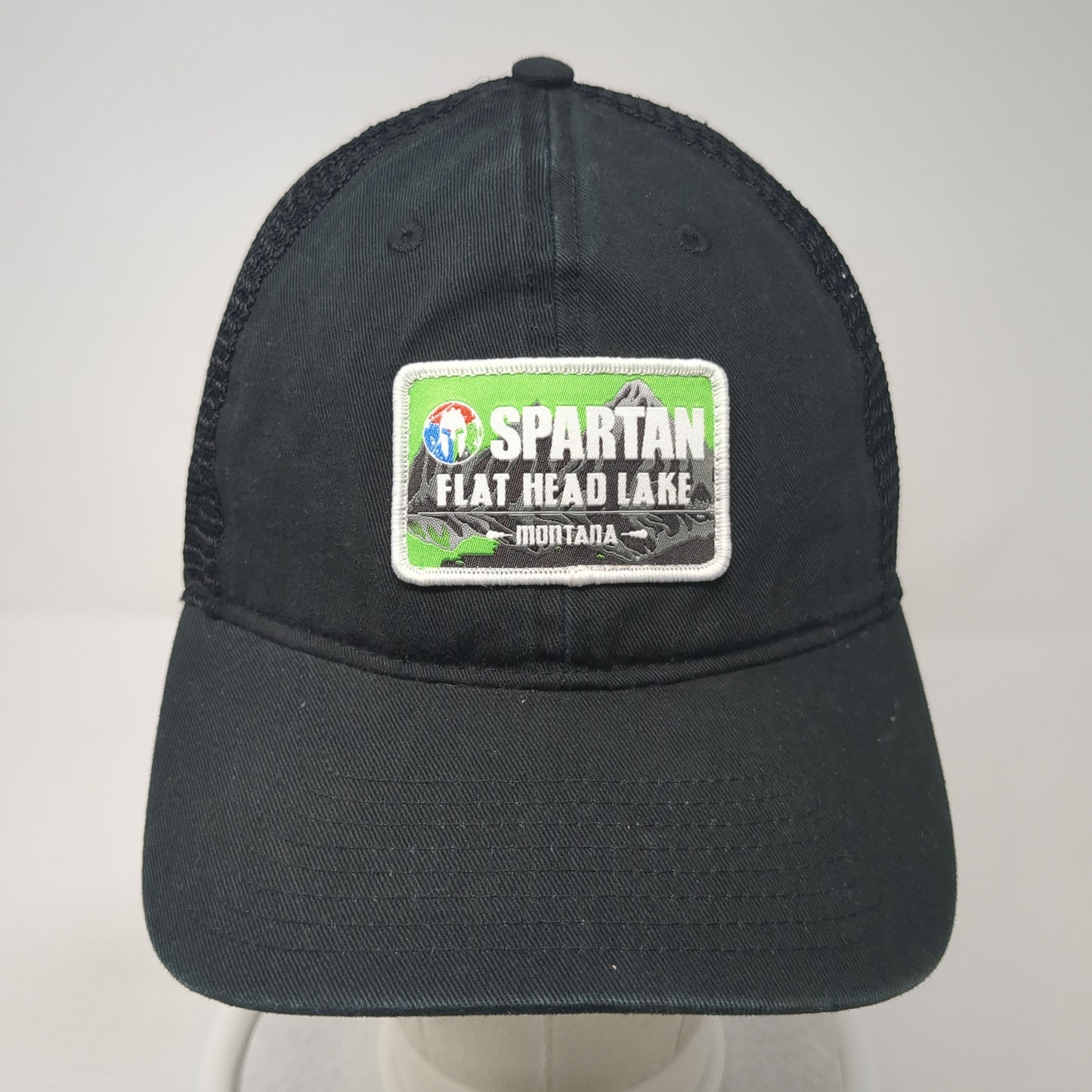 Spartan Flat Head Lake Montana Trucker Hat Black One Size Adjustable Mesh Back