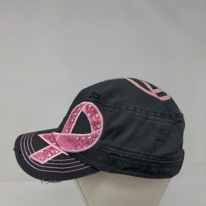 Pink Ribbon Rhinestone Strapback Army Hat Black One Size Pit Bull