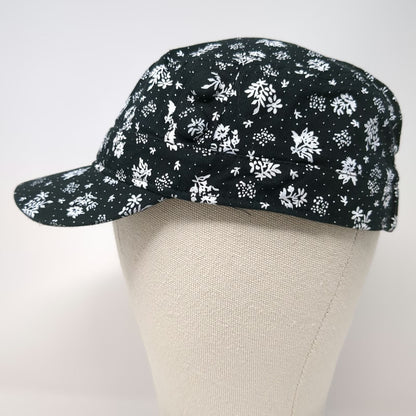 Forever 21 Army Cap Black White One Size Floral Pattern Elastic Side Buttons Hat