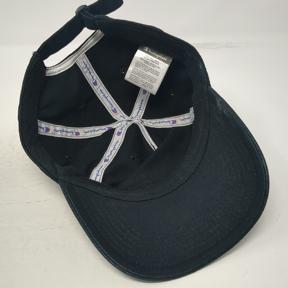 Champion 5 Panel Black Hat One Size Slideback Cotton Script Logo C Logo Adjust