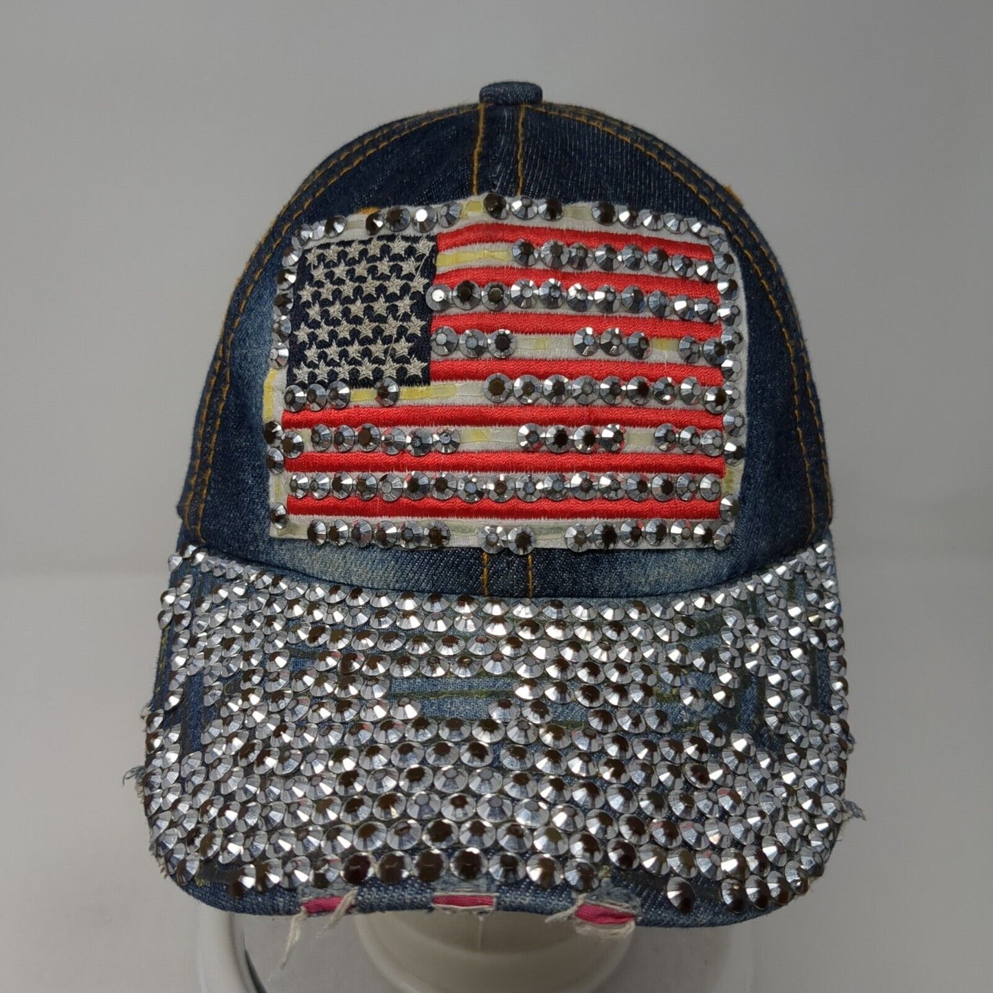 USA Flag Patch Bling Slideback Hat Blue Denim One Size Rhinestone
