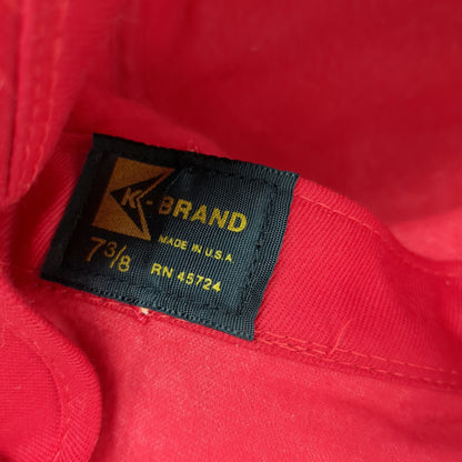 K-Brand Baseball Cap Red 7 3/8 Ear Flaps Hesston Logo Patch Made USA Hat Vintage